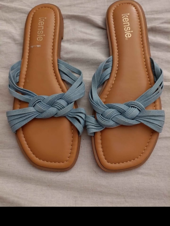 Kensie Shoes - kensie Light Blue Braided Slide Sandals with Tan Footbed